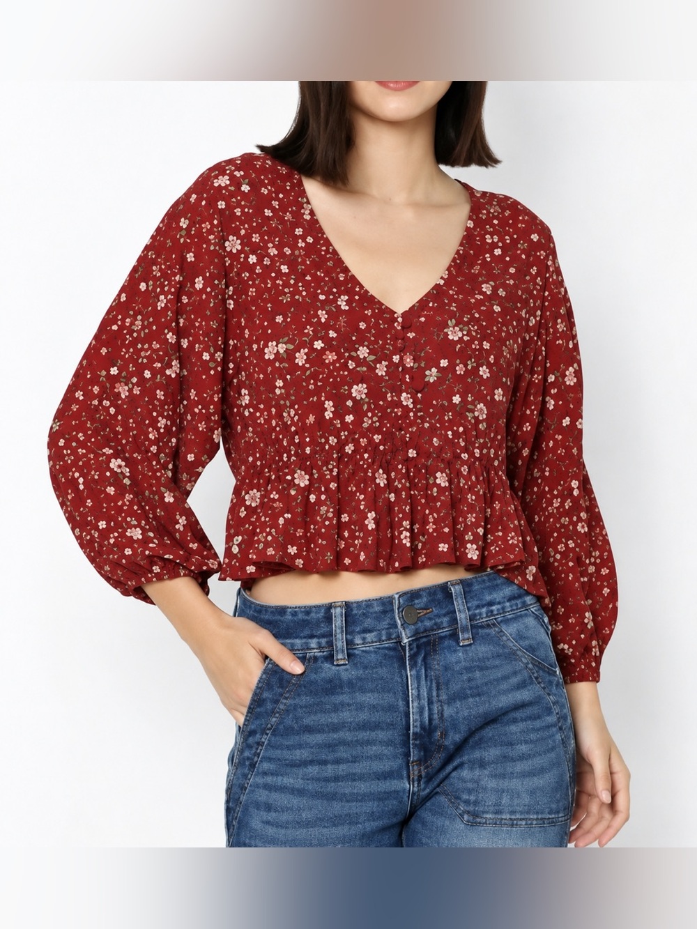 American Eagle red floral babydoll top, large